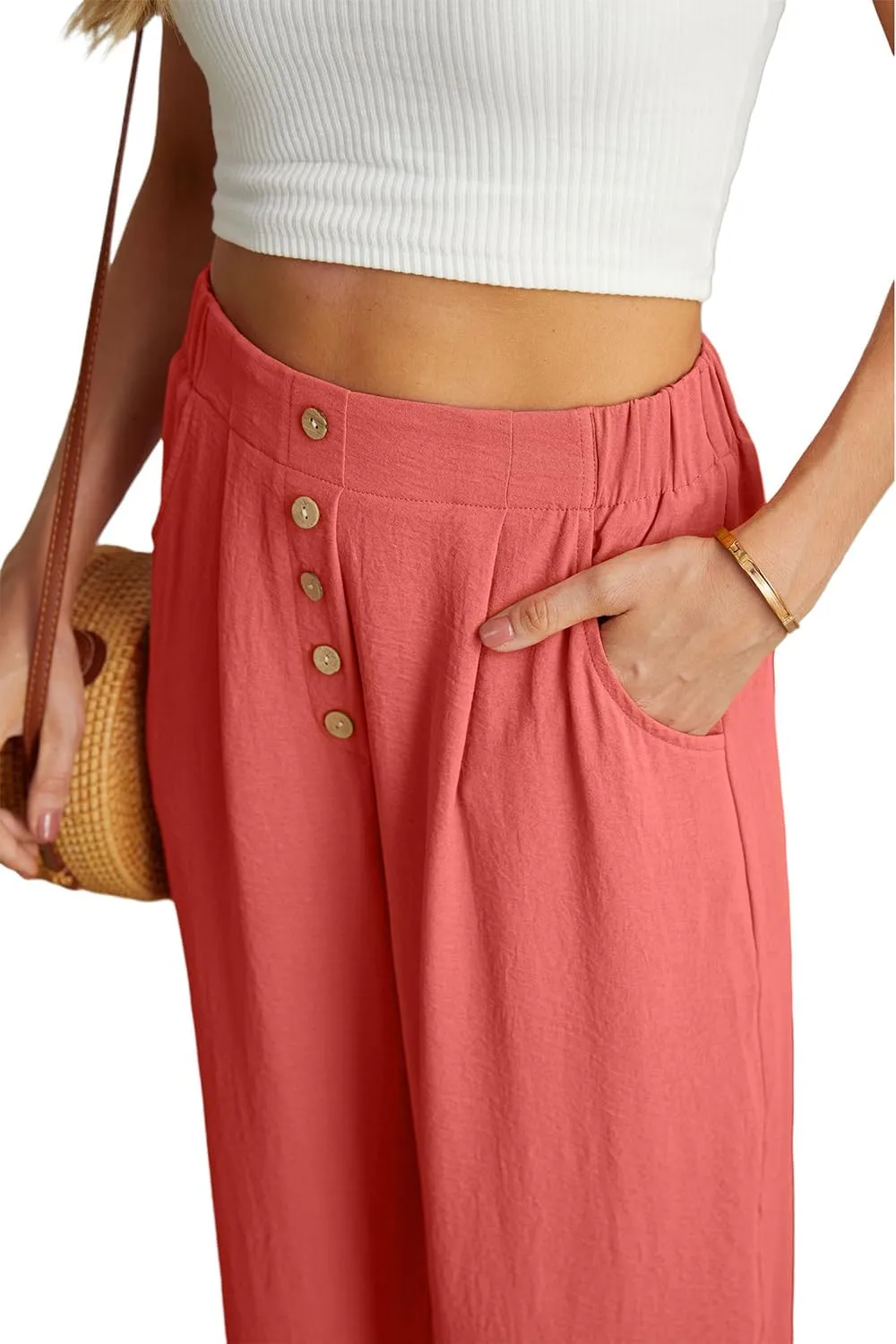 GRECERELLE Women Palazzo Pants Wide Leg Flowy Pants High Waist Casual Button Long Lounge Pant Trousers with Pocket
