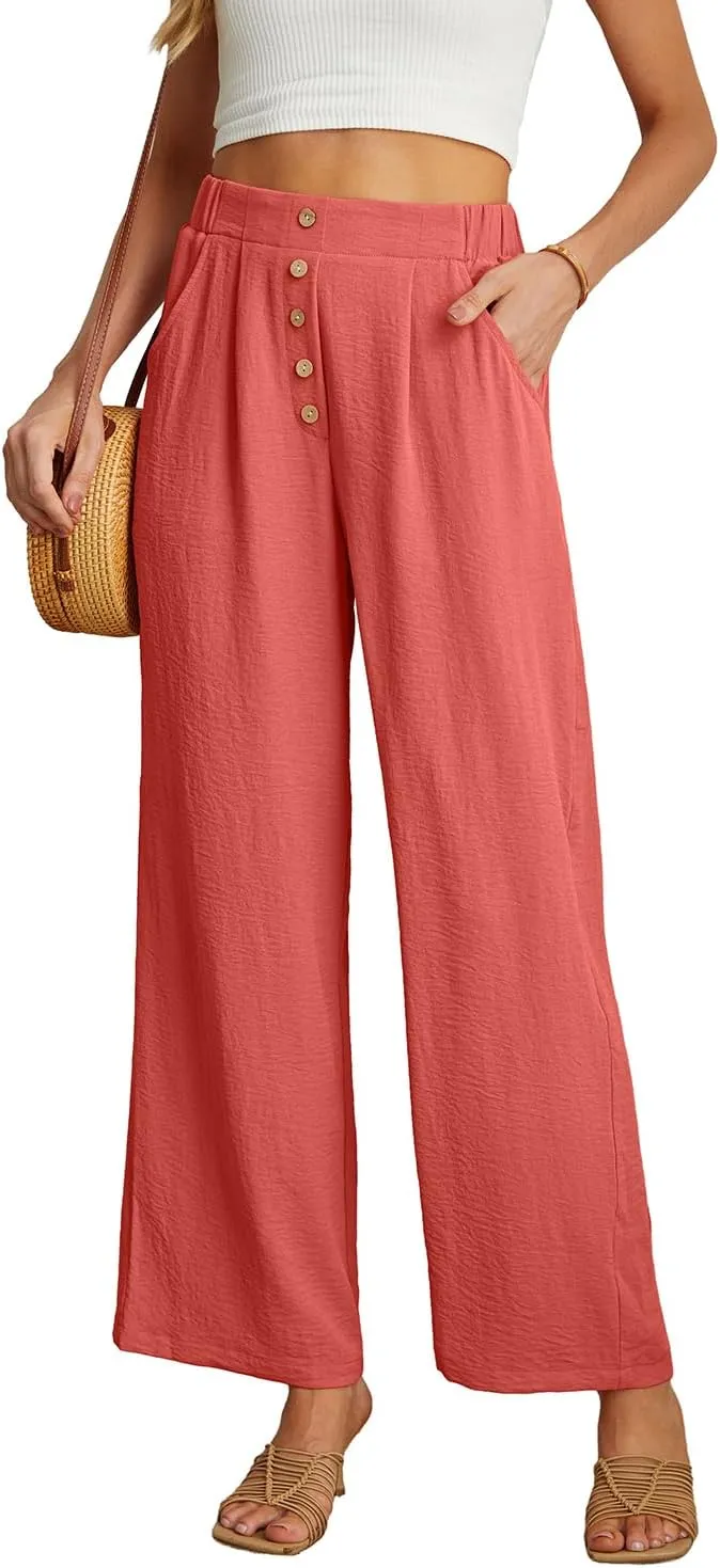 GRECERELLE Women Palazzo Pants Wide Leg Flowy Pants High Waist Casual Button Long Lounge Pant Trousers with Pocket