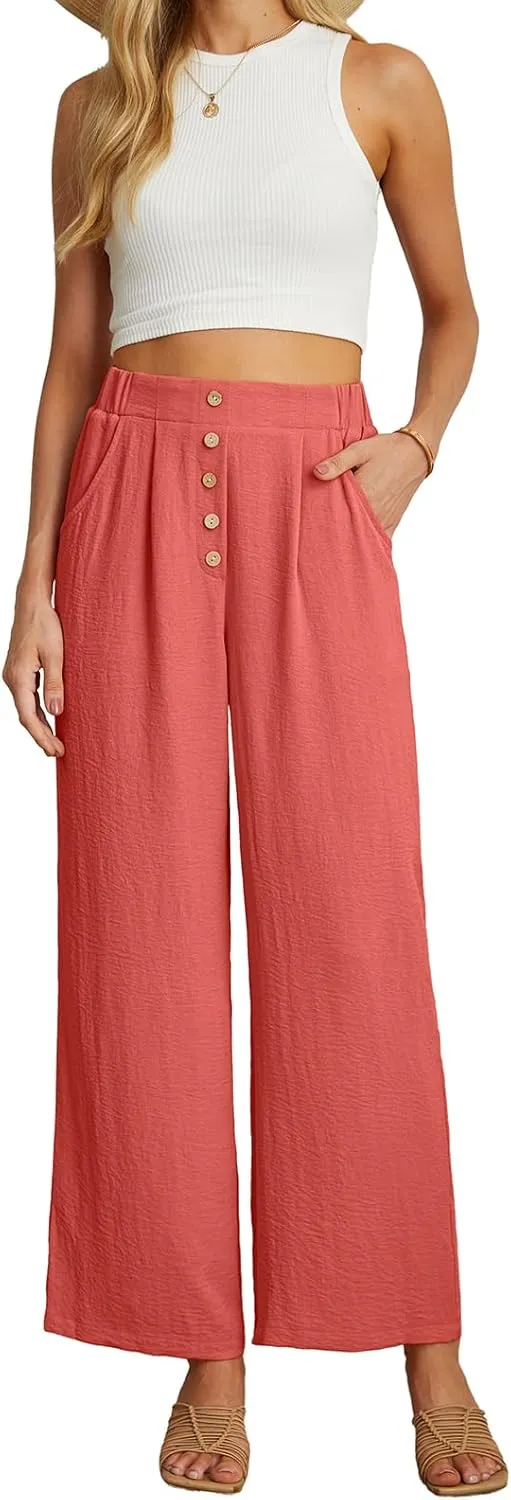GRECERELLE Women Palazzo Pants Wide Leg Flowy Pants High Waist Casual Button Long Lounge Pant Trousers with Pocket