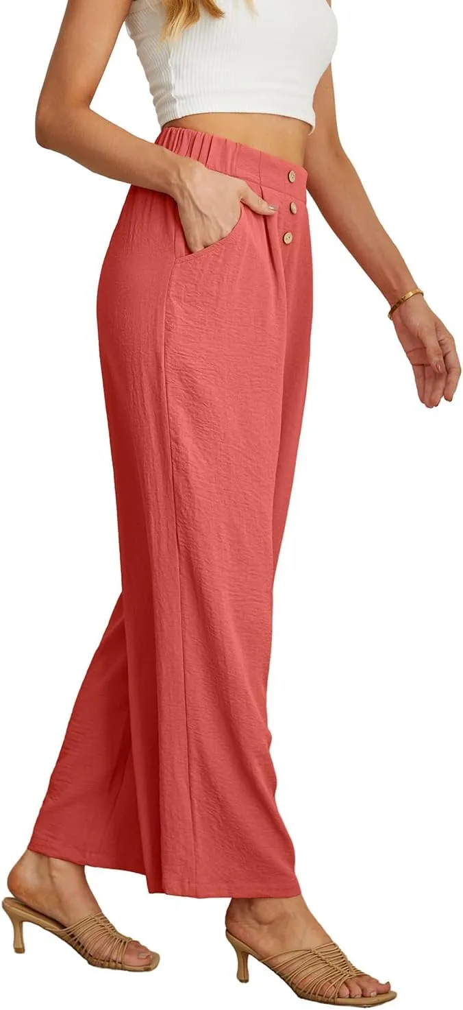 GRECERELLE Women Palazzo Pants Wide Leg Flowy Pants High Waist Casual Button Long Lounge Pant Trousers with Pocket