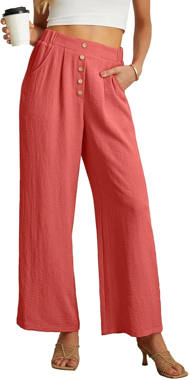 GRECERELLE Women Palazzo Pants Wide Leg Flowy Pants High Waist Casual Button Long Lounge Pant Trousers with Pocket
