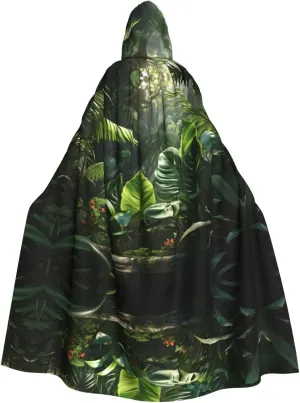 Green Tropical Jungle Plant Prints Hooded Cloak for Halloween, Role-Playing, and Costume Parties