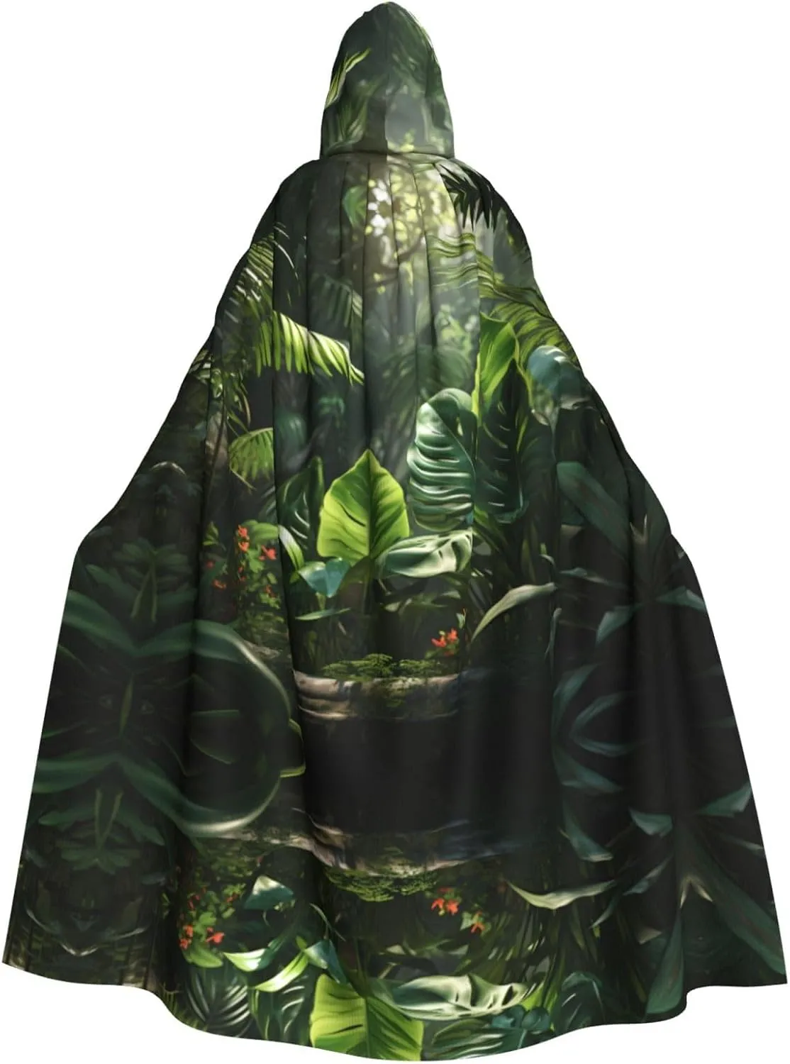 Green Tropical Jungle Plant Prints Hooded Cloak for Halloween, Role-Playing, and Costume Parties
