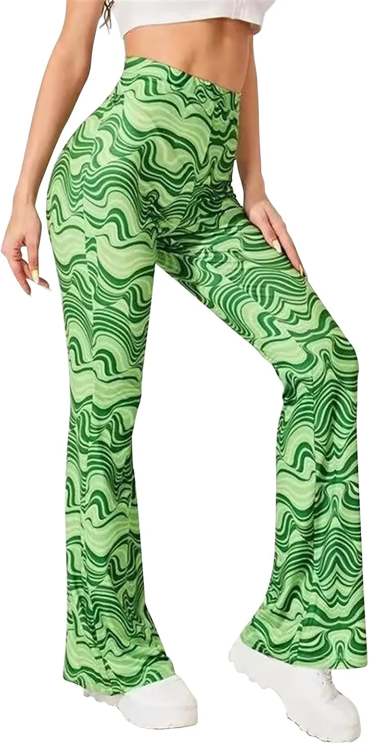 GUOLEZEEV Women High Waisted Flare Leggings Bohemian Print Flowy Pants Bell Bottom
