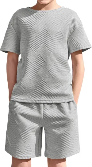 Haloumoning Boys 2 Piece Summer Outfits Short Sleeve Tshirts and Elastic Waist Shorts Casual Texture Sets