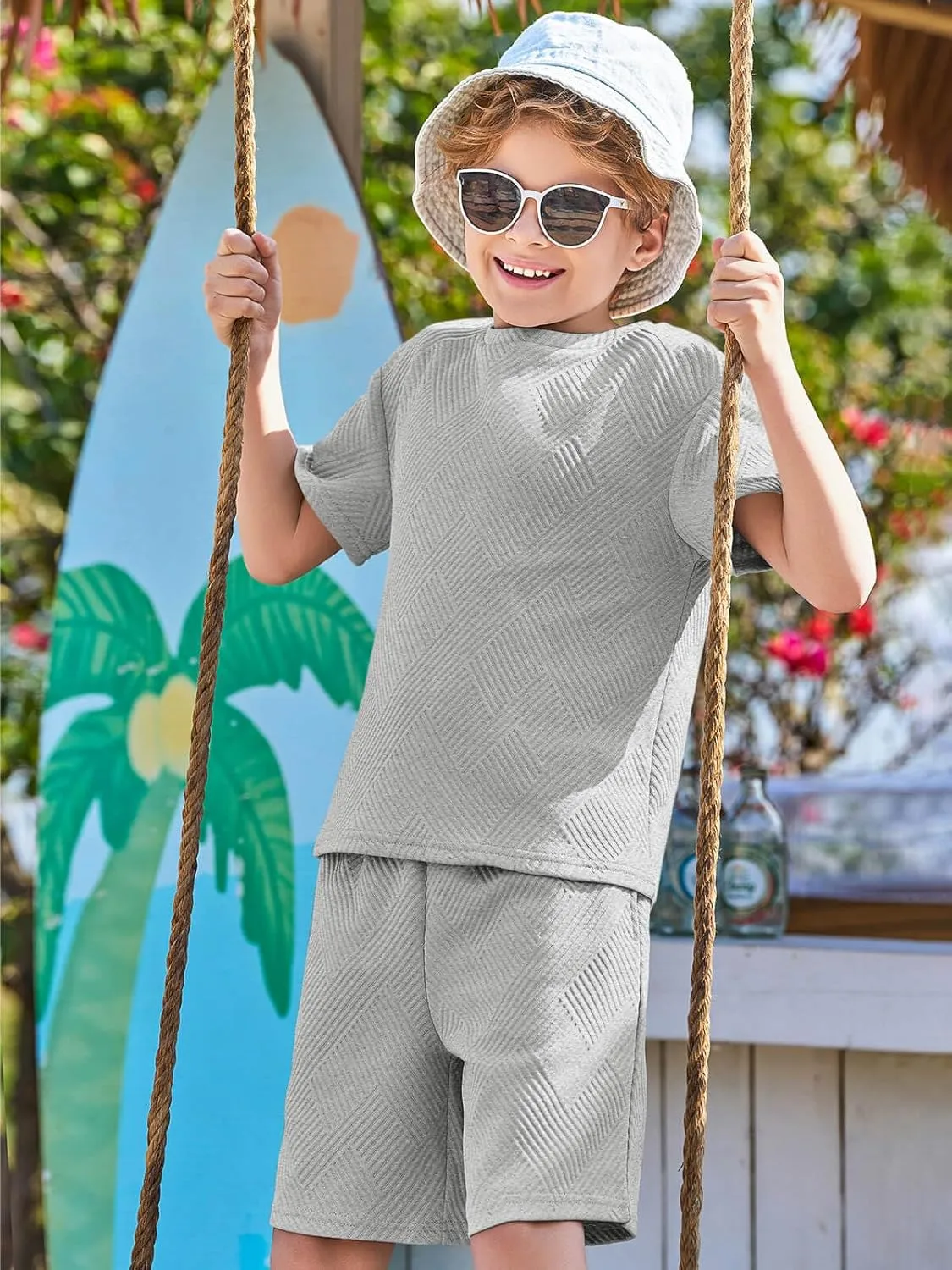 Haloumoning Boys 2 Piece Summer Outfits Short Sleeve Tshirts and Elastic Waist Shorts Casual Texture Sets