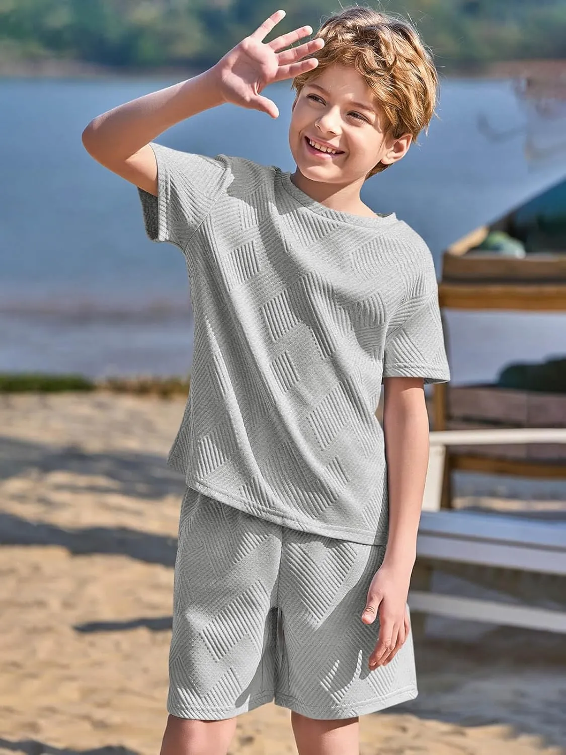 Haloumoning Boys 2 Piece Summer Outfits Short Sleeve Tshirts and Elastic Waist Shorts Casual Texture Sets