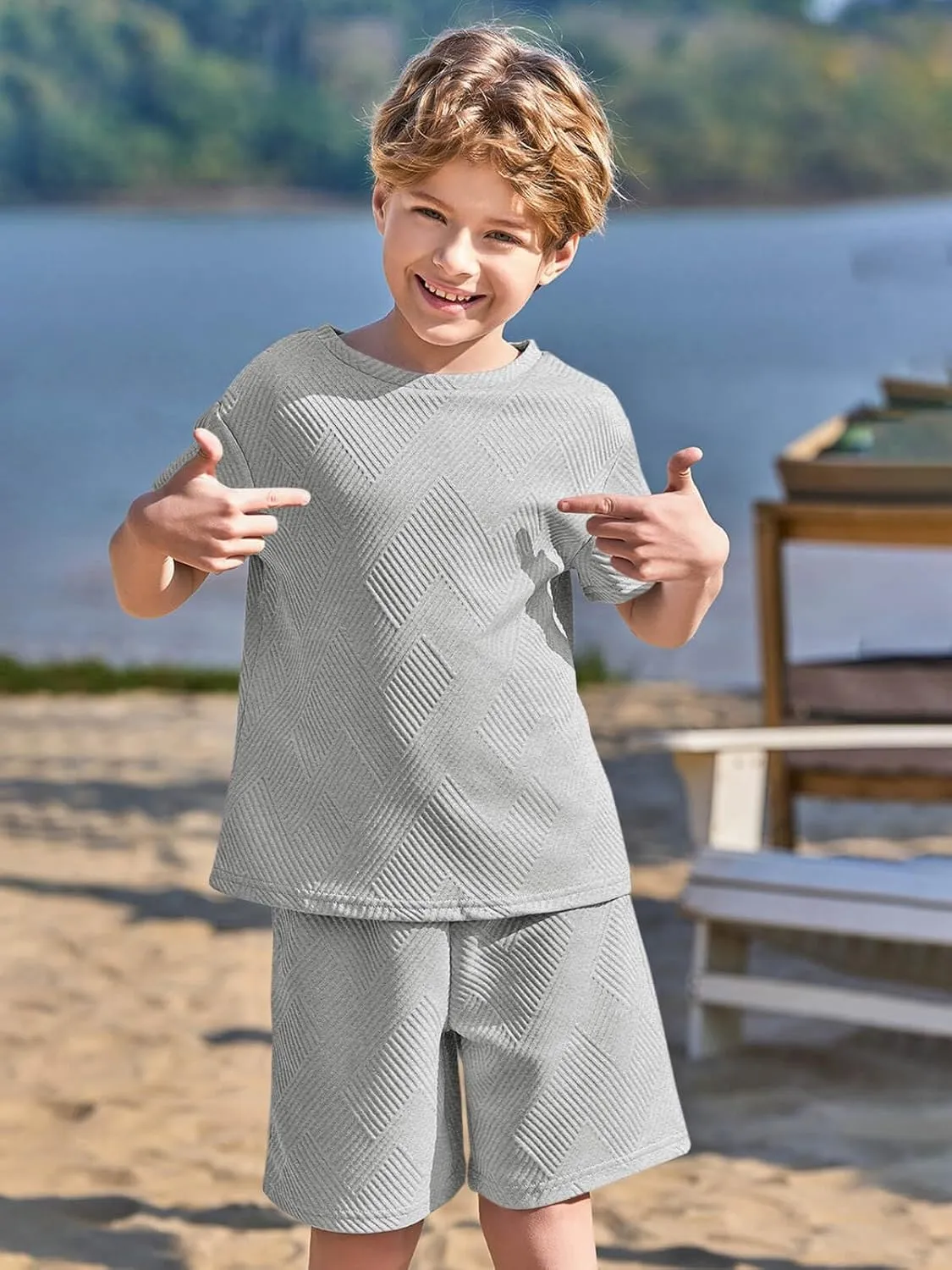 Haloumoning Boys 2 Piece Summer Outfits Short Sleeve Tshirts and Elastic Waist Shorts Casual Texture Sets