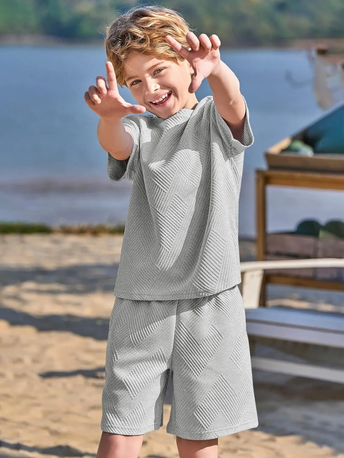 Haloumoning Boys 2 Piece Summer Outfits Short Sleeve Tshirts and Elastic Waist Shorts Casual Texture Sets