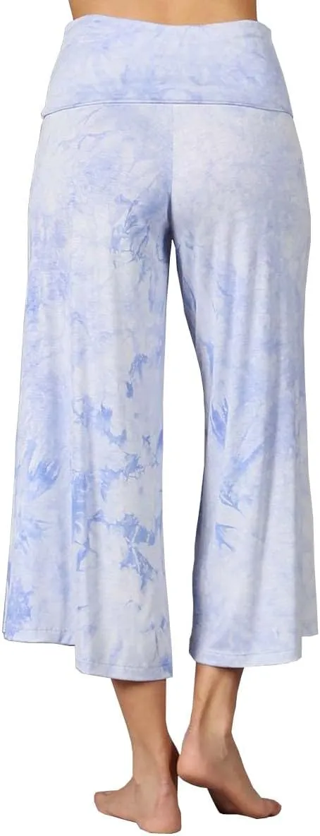 HEYHUN Women's Solid Tie Dye Wide Leg Flared Capri Boho Gaucho Pants w/Lace Detail