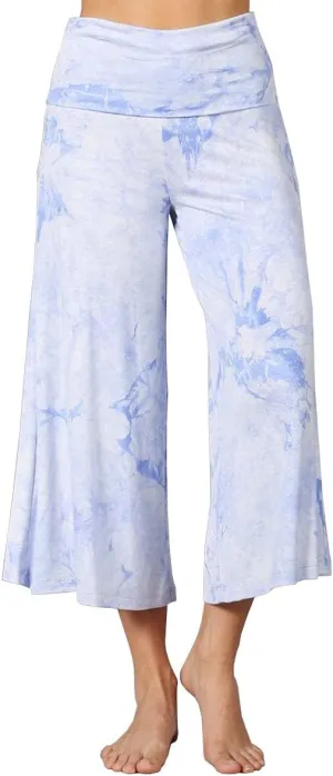 HEYHUN Women's Solid Tie Dye Wide Leg Flared Capri Boho Gaucho Pants w/Lace Detail