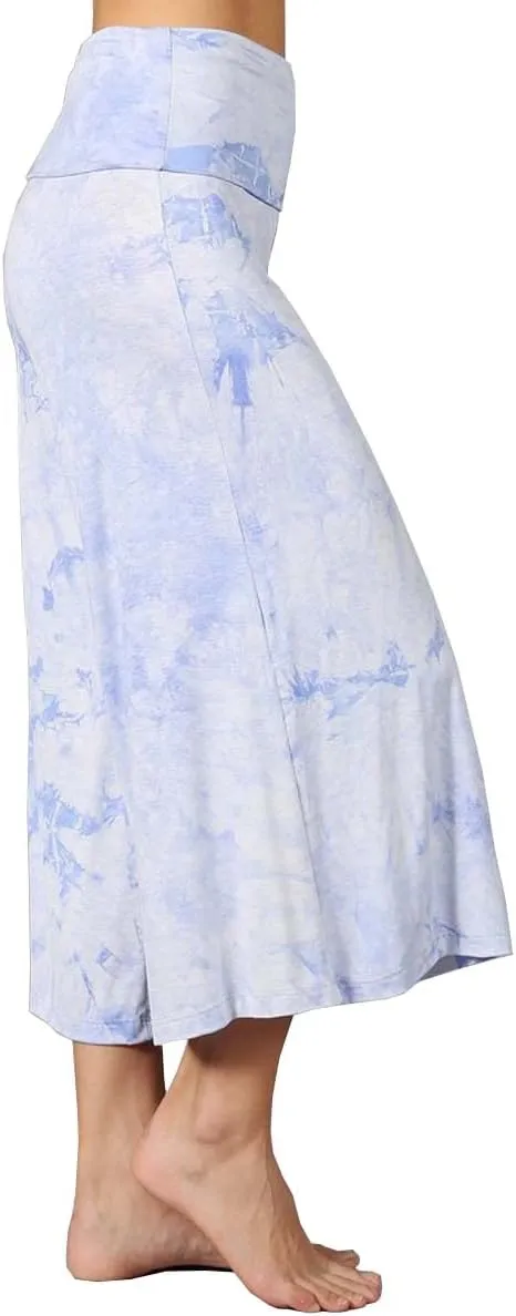 HEYHUN Women's Solid Tie Dye Wide Leg Flared Capri Boho Gaucho Pants w/Lace Detail