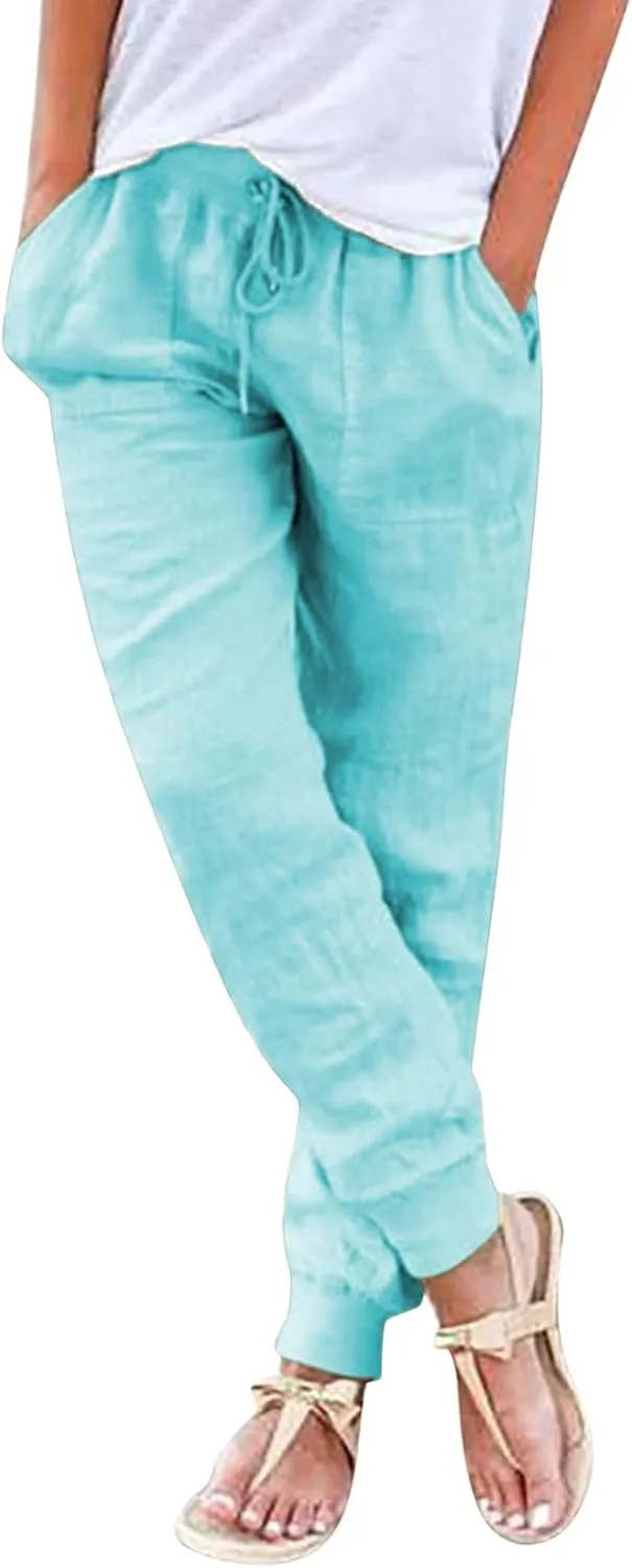 High Waisted Pants For Women Casual Loose Wide Leg Trousers Stretchy Cotton Linen Summer Pull On Boho Sweatpants