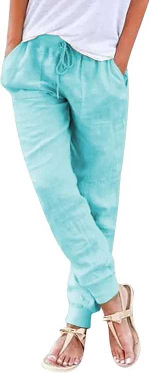 High Waisted Pants For Women Casual Loose Wide Leg Trousers Stretchy Cotton Linen Summer Pull On Boho Sweatpants