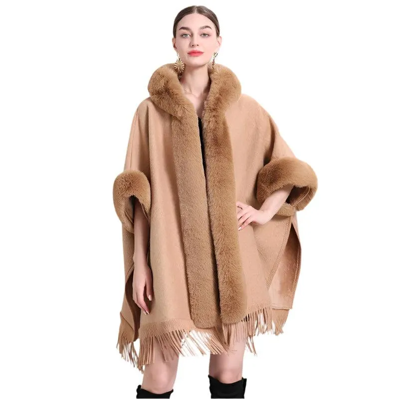 Hooded Thick Batwing Sleeve Faux Rabbit Fur Collar Velvet Cloak Tassel Poncho