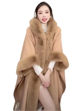 Hooded Thick Batwing Sleeve Faux Rabbit Fur Collar Velvet Cloak Tassel Poncho