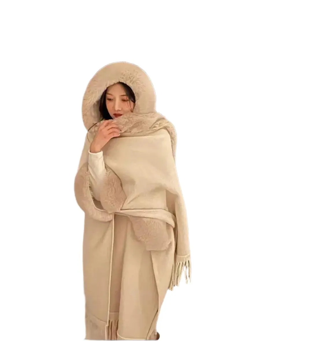 Hooded Thick Batwing Sleeve Faux Rabbit Fur Collar Velvet Cloak Tassel Poncho