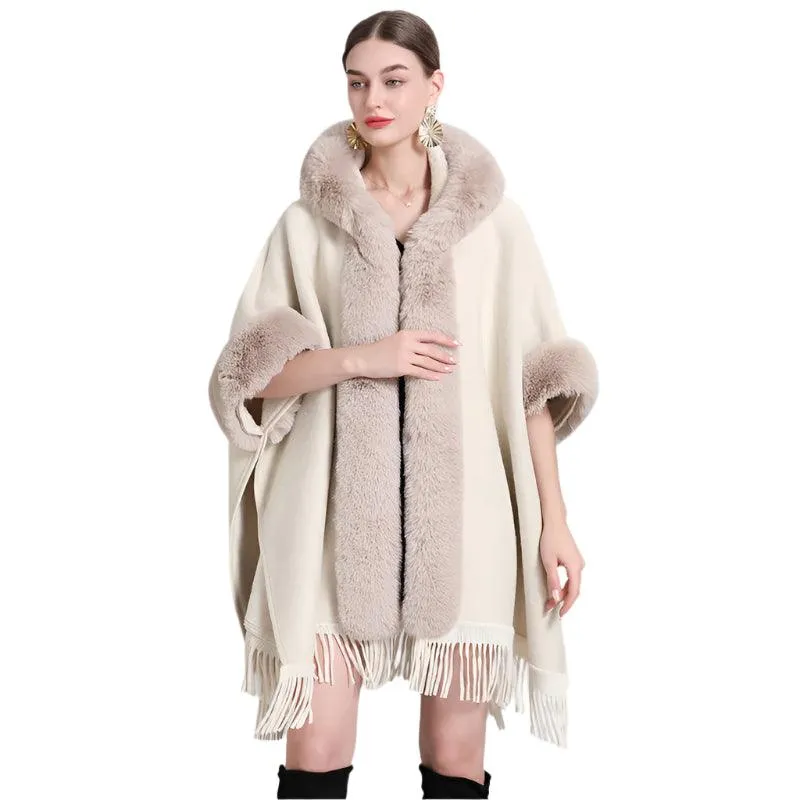 Hooded Thick Batwing Sleeve Faux Rabbit Fur Collar Velvet Cloak Tassel Poncho