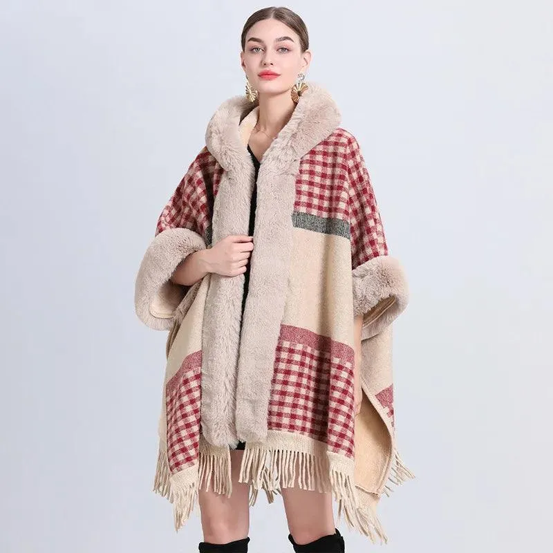 Hooded Thick Batwing Sleeve Faux Rabbit Fur Collar Velvet Cloak Tassel Poncho