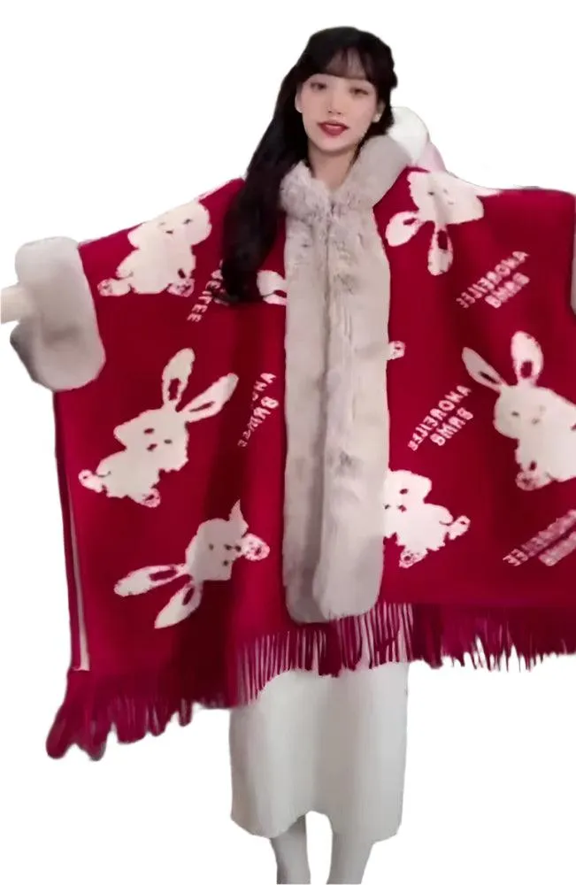 Hooded Thick Batwing Sleeve Faux Rabbit Fur Collar Velvet Cloak Tassel Poncho