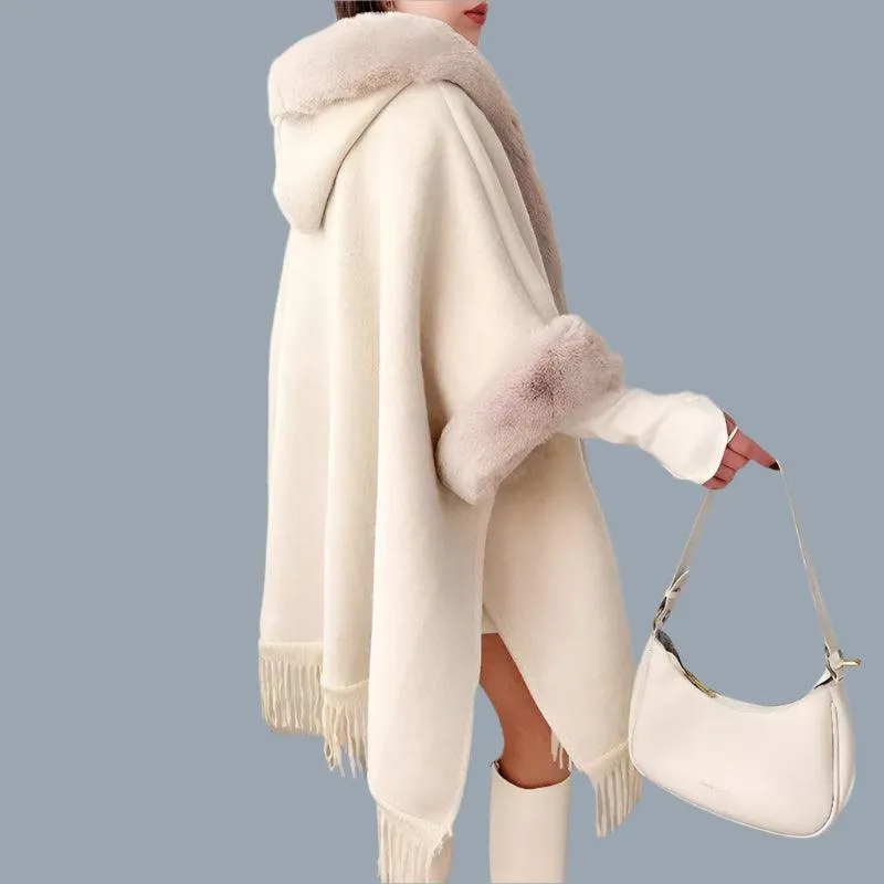 Hooded Thick Batwing Sleeve Faux Rabbit Fur Collar Velvet Cloak Tassel Poncho