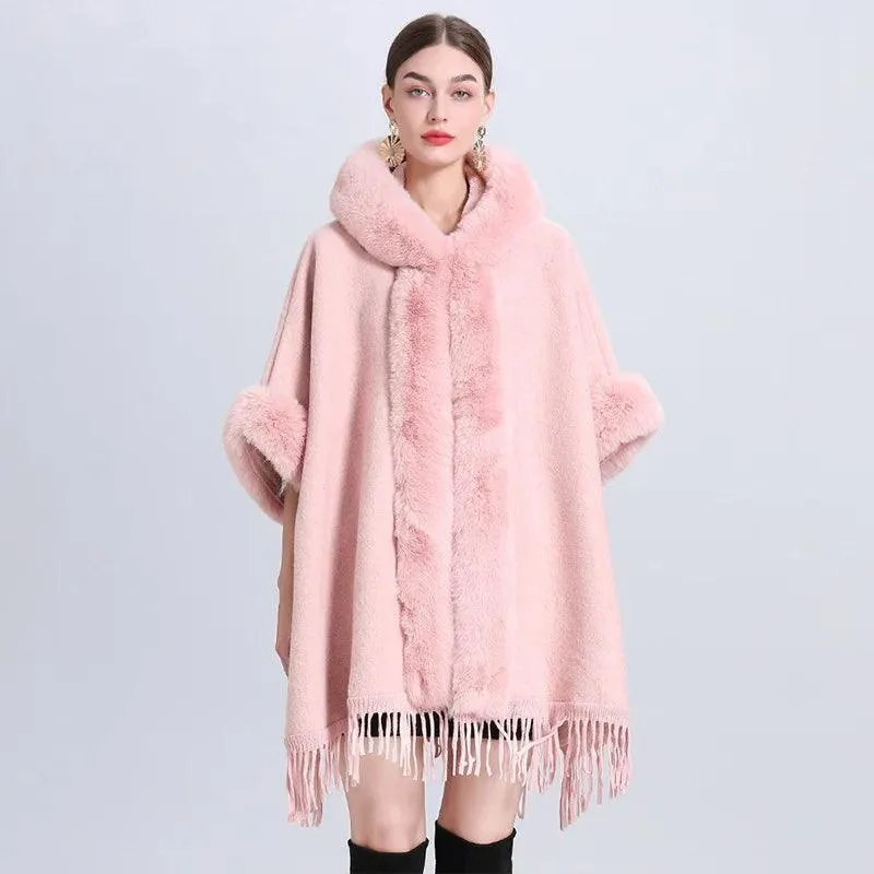 Hooded Thick Batwing Sleeve Faux Rabbit Fur Collar Velvet Cloak Tassel Poncho