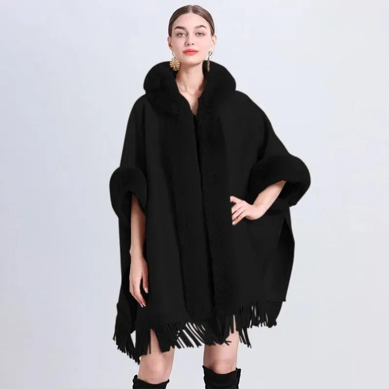 Hooded Thick Batwing Sleeve Faux Rabbit Fur Collar Velvet Cloak Tassel Poncho