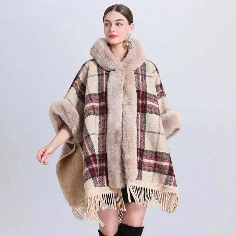 Hooded Thick Batwing Sleeve Faux Rabbit Fur Collar Velvet Cloak Tassel Poncho