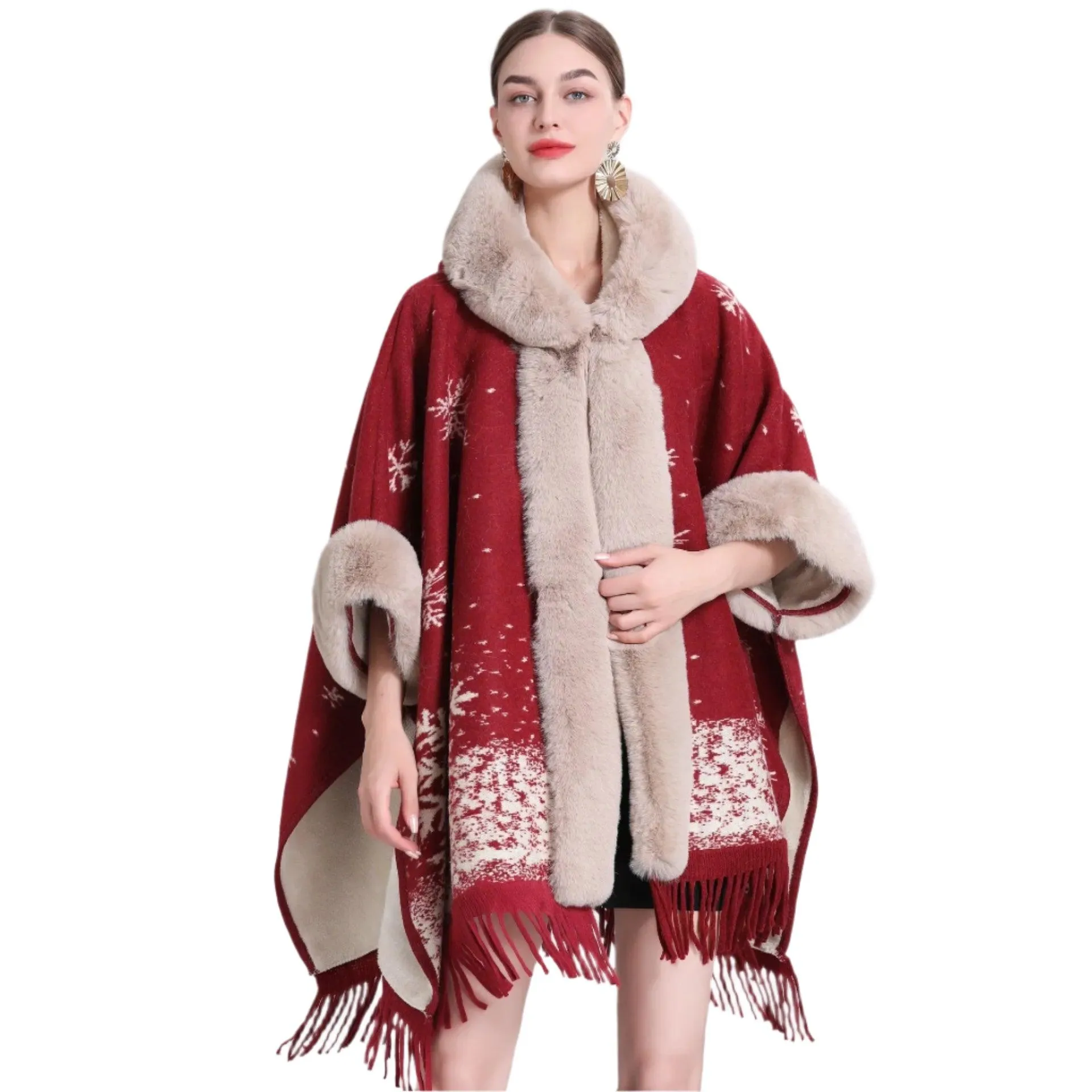 Hooded Thick Batwing Sleeve Faux Rabbit Fur Collar Velvet Cloak Tassel Poncho