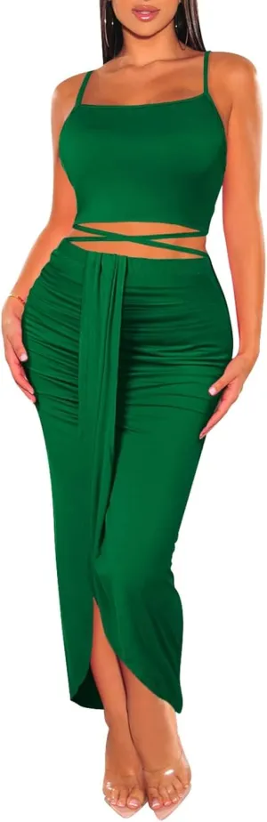 HUUSA Women's Sexy 2 Piece Skirt Sets Elegant Bodycon Maxi Dress Sleeveless Tank Shirt Tops High Waist Ruched Slit Long Dress