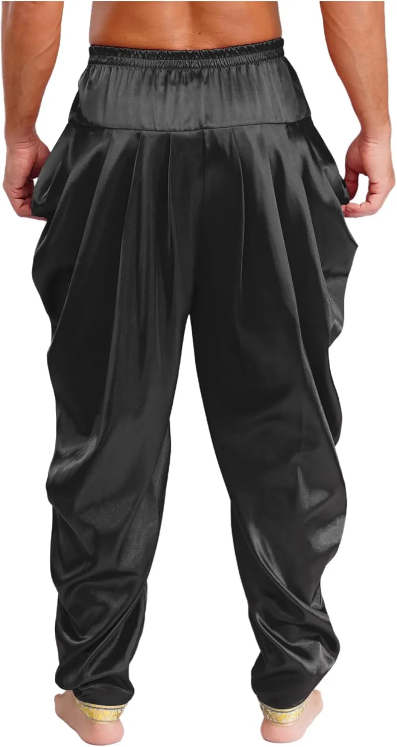 iiniim Mens Solid Color Elastic Waist Dhoti Pants Palazzo Trousers Loose Fit Belly Dance Harem Pants