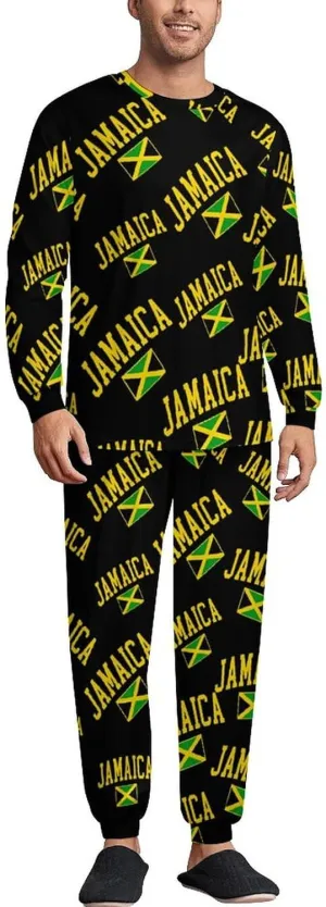Jamaica Flag Men's Crew Neck Pajama 2 Piece Set Long Sleeve Loungewear Top and Bottom