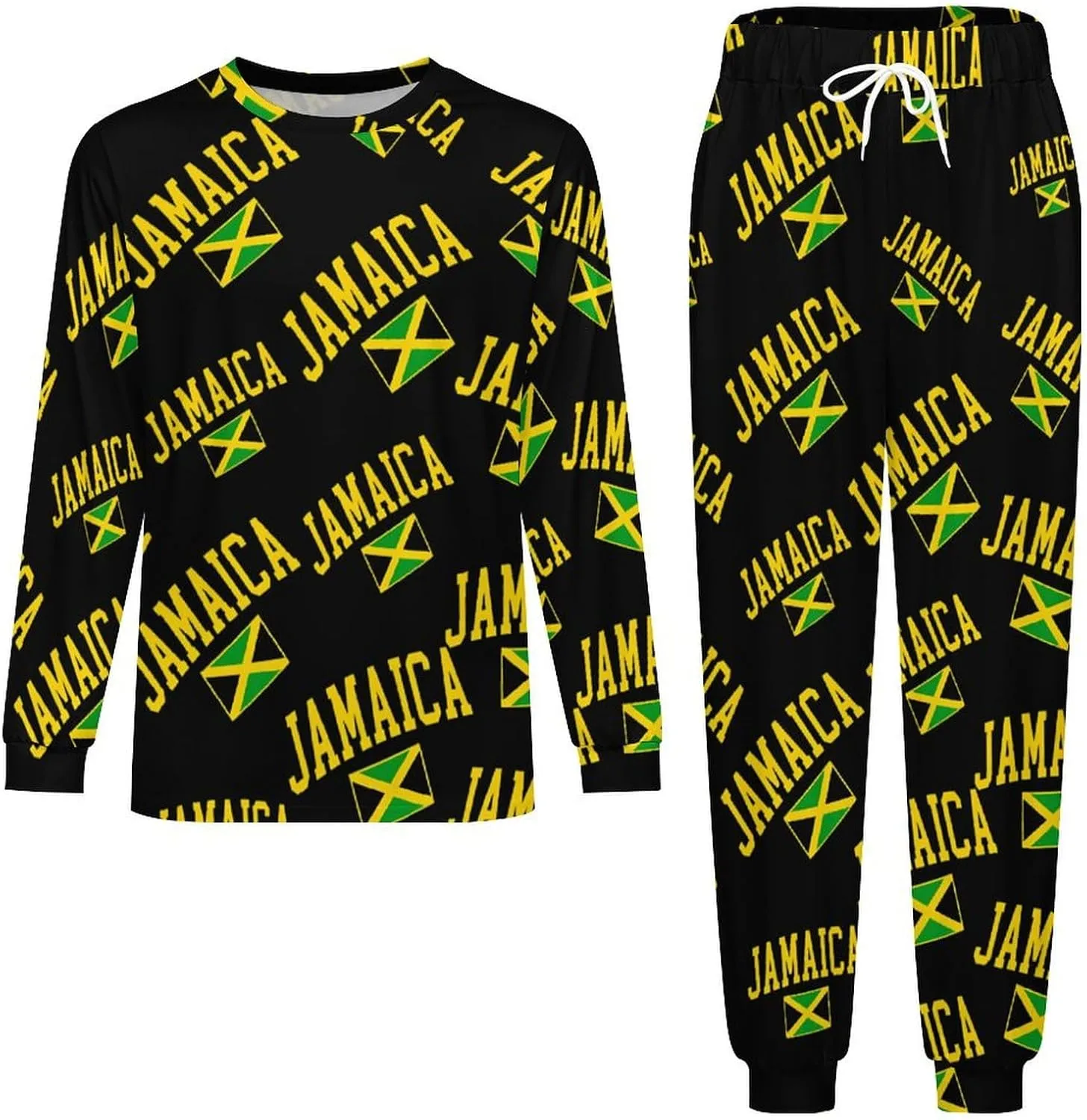 Jamaica Flag Men's Crew Neck Pajama 2 Piece Set Long Sleeve Loungewear Top and Bottom