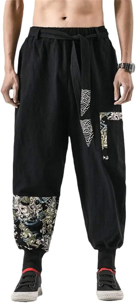 Japanese Kimono Men Cotton Linen Costume Belt Retro Harem Pants Baggy Trousers Harajuku Hip Hop