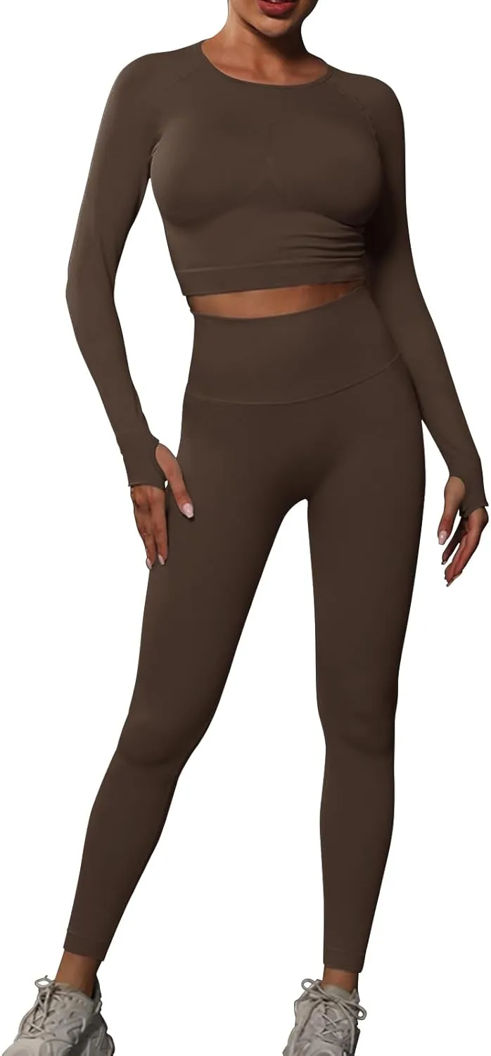 JBT Workout Set for Women Two Pieces for Long Sleeves Workout Sets, Seamless High Waist Leggings for Women