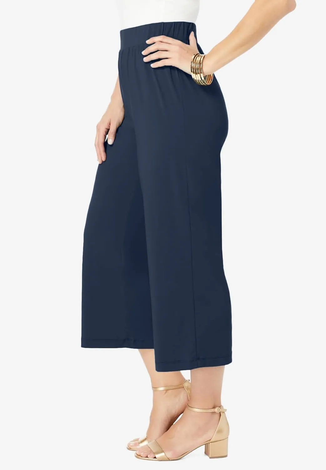 Jessica London Women's Plus Size Stretch Knit Wide Leg Crop Pant