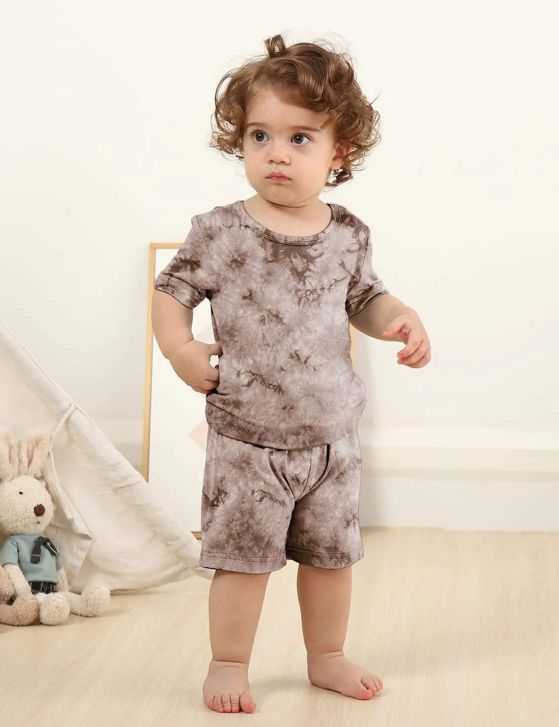 Jimonda Kids Soft Rayon From Bamboo Sleepwear Short Sleeve Boys Girls Pajama Outdoor 4-Piece tops&shorts Casual sets Tie PJ