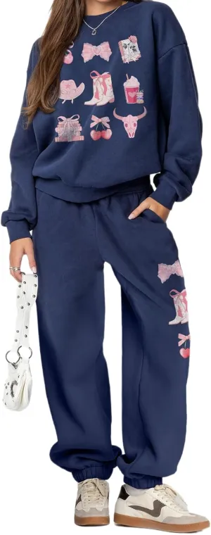KMBANGI Women Bow 2 Piece Sweatsuit Sets Oversized Hoodie Wide Leg Sweatpants Y2k Sweat Sets Outfits Tracksuit