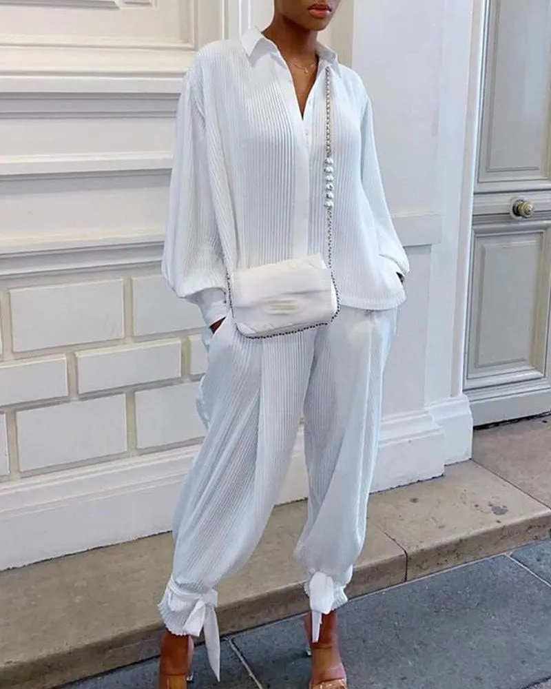 KMBANGI Women Solid 2 Piece Outfits Long Sleeve Loose Shirt Blouse Top Harem Pants Jumpsuit Sets Ladies Casual Suit