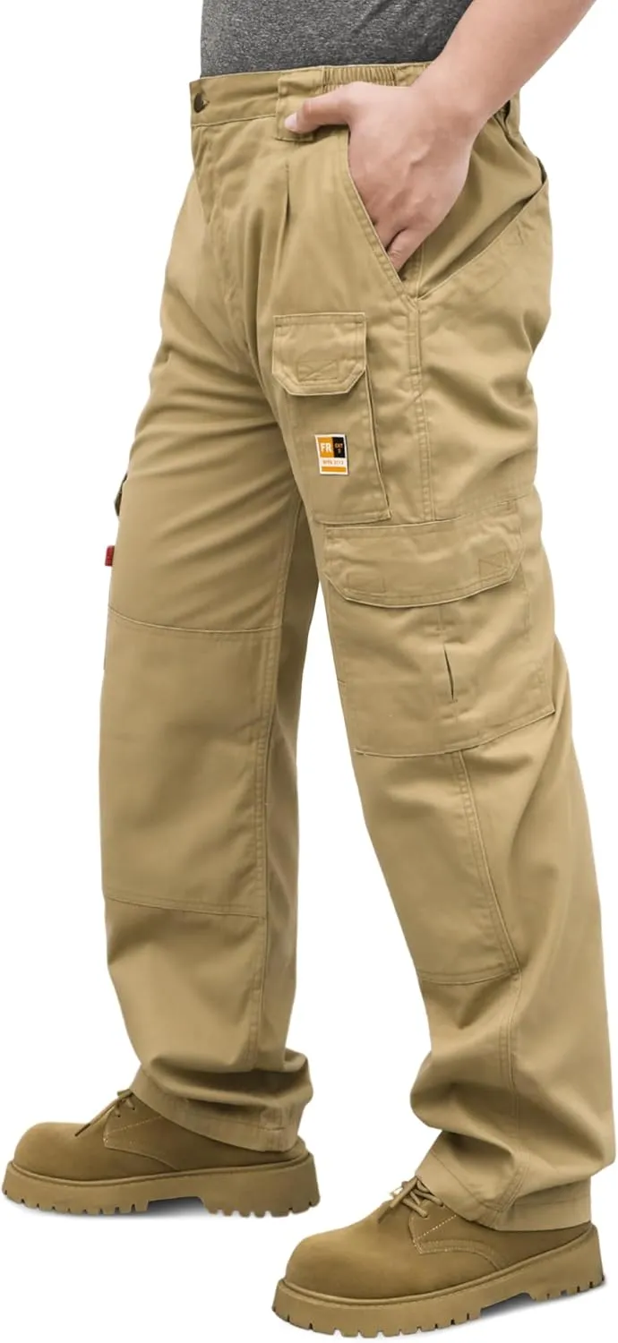 KONRECO FR Pants for Men Cargo Pockets Flame Resistant 7.5oz 100% Cotton Elastic Waist Work Pants