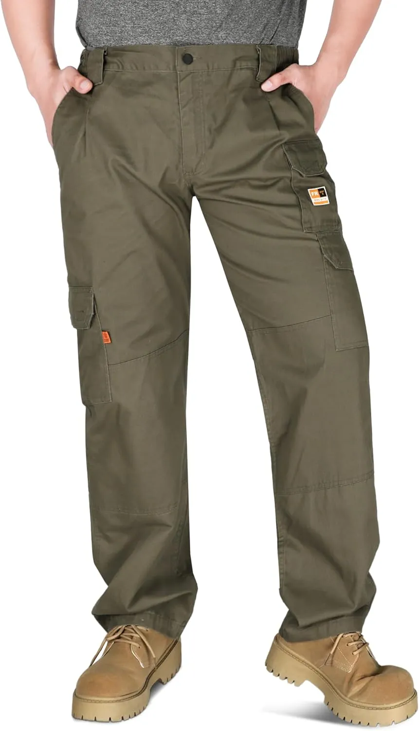 KONRECO FR Pants for Men Cargo Pockets Flame Resistant 7.5oz 100% Cotton Elastic Waist Work Pants