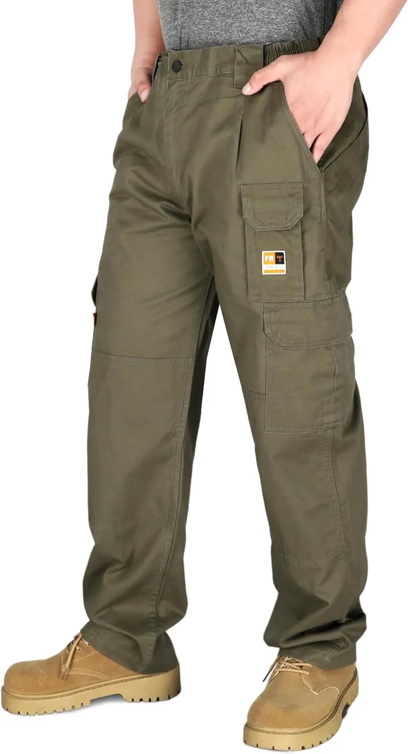 KONRECO FR Pants for Men Cargo Pockets Flame Resistant 7.5oz 100% Cotton Elastic Waist Work Pants