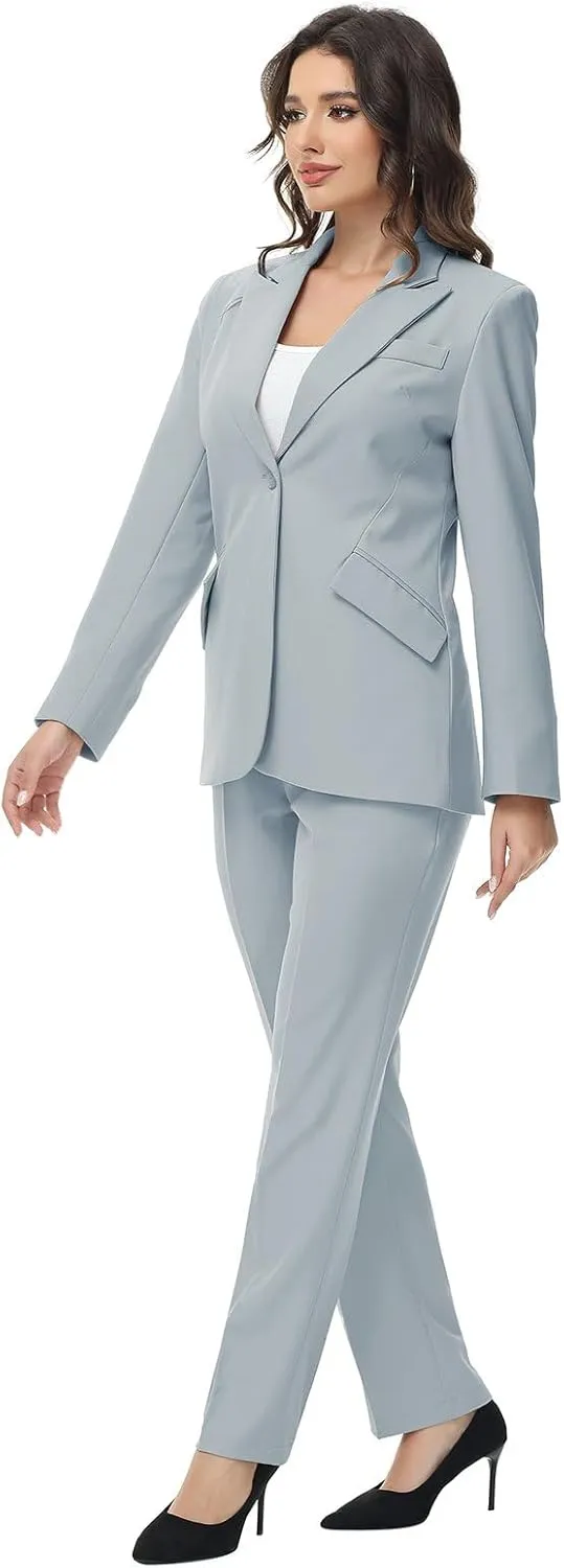 Lamgool Women Suit 2 Pieces Set One Button Lady's Business Formal Peak Lapel Blazer and Pants for Work