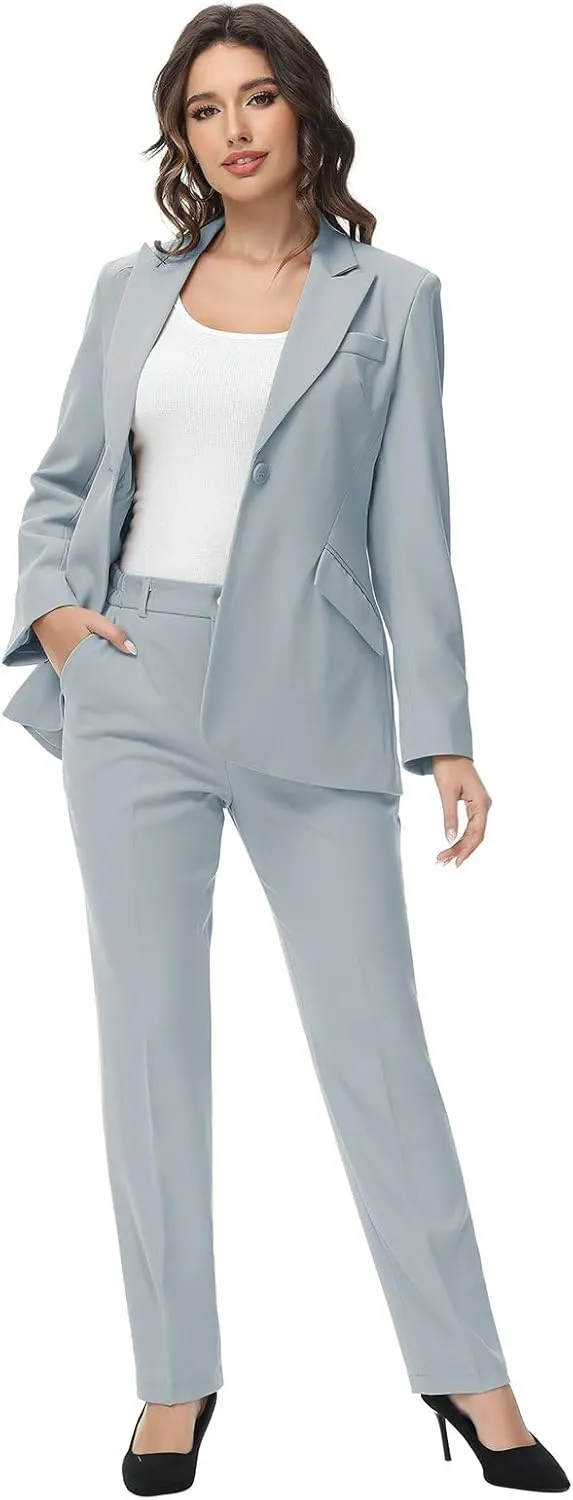 Lamgool Women Suit 2 Pieces Set One Button Lady's Business Formal Peak Lapel Blazer and Pants for Work