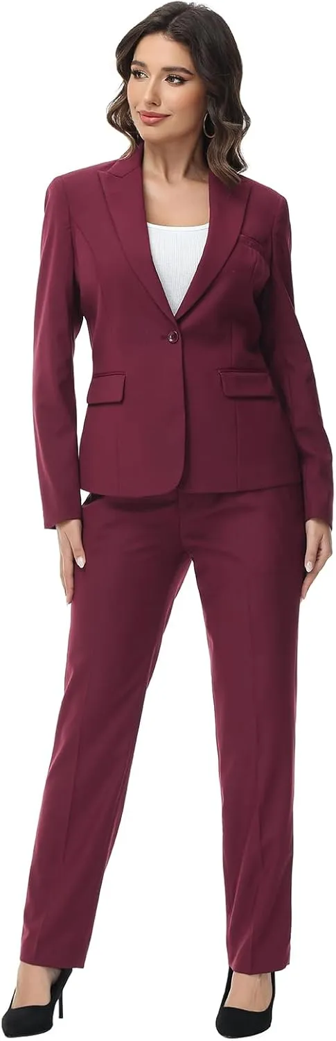 Lamgool Womens Suit 2 Piece Set Business One Button Peak Lapel Blazer Jacket with Pants for Office Ladies
