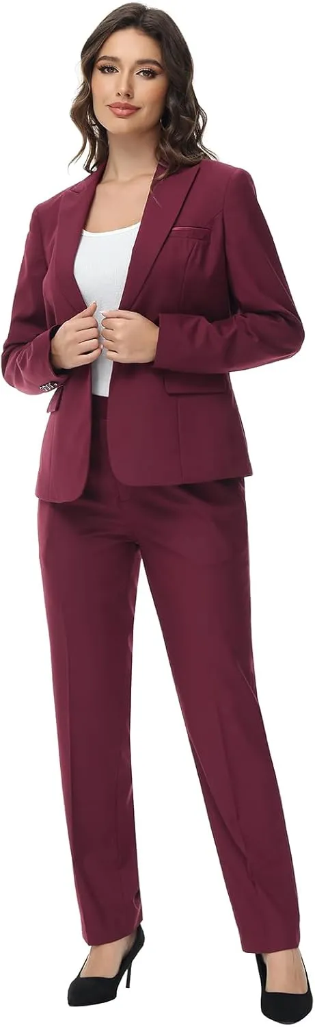 Lamgool Womens Suit 2 Piece Set Business One Button Peak Lapel Blazer Jacket with Pants for Office Ladies