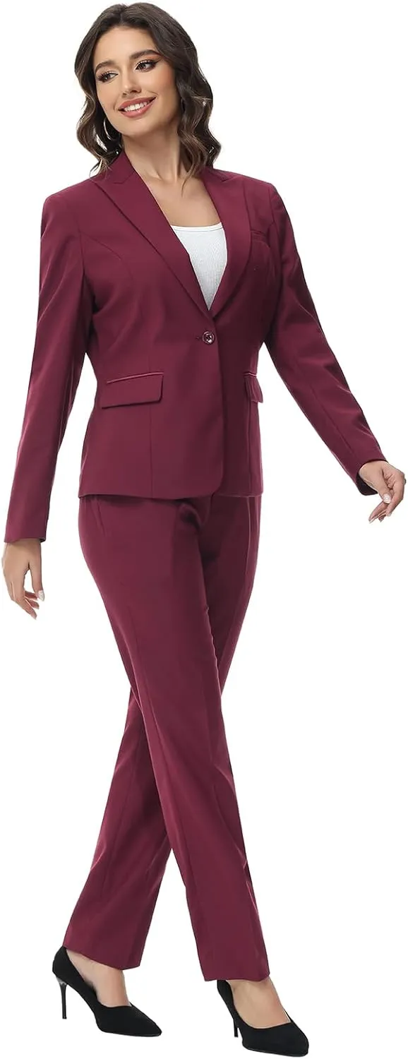 Lamgool Womens Suit 2 Piece Set Business One Button Peak Lapel Blazer Jacket with Pants for Office Ladies