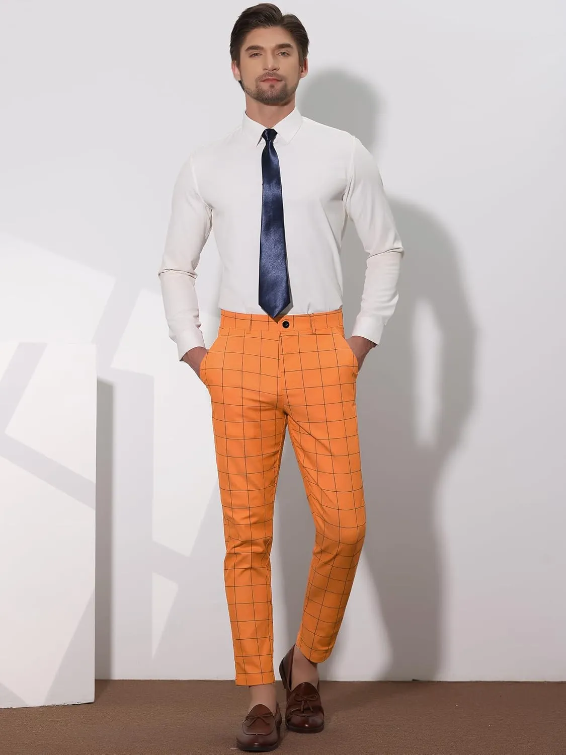 Lars Amadeus Men's Dress Plaid Slim Fit Flat Front Business Pants with Pockets