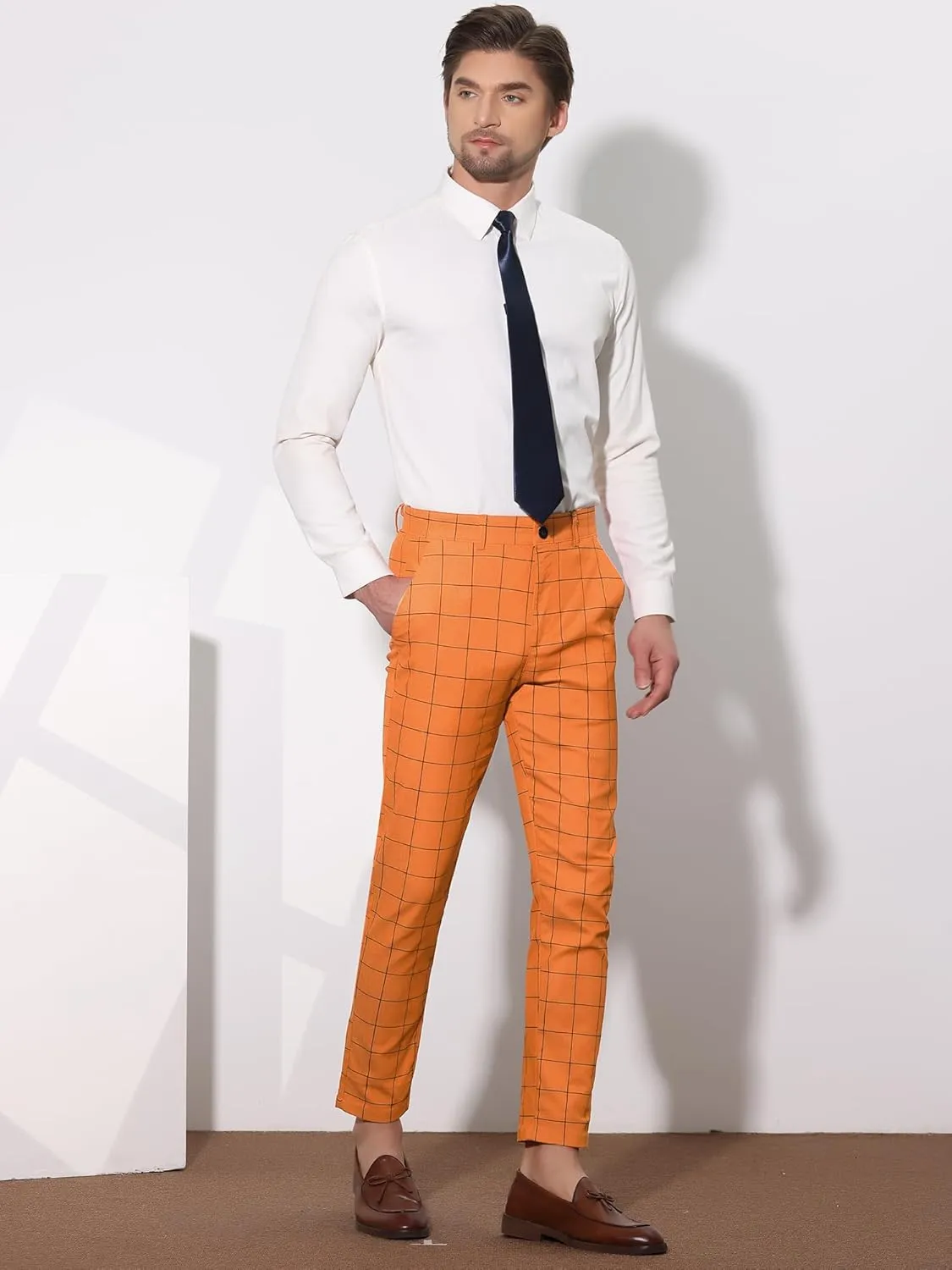 Lars Amadeus Men's Dress Plaid Slim Fit Flat Front Business Pants with Pockets