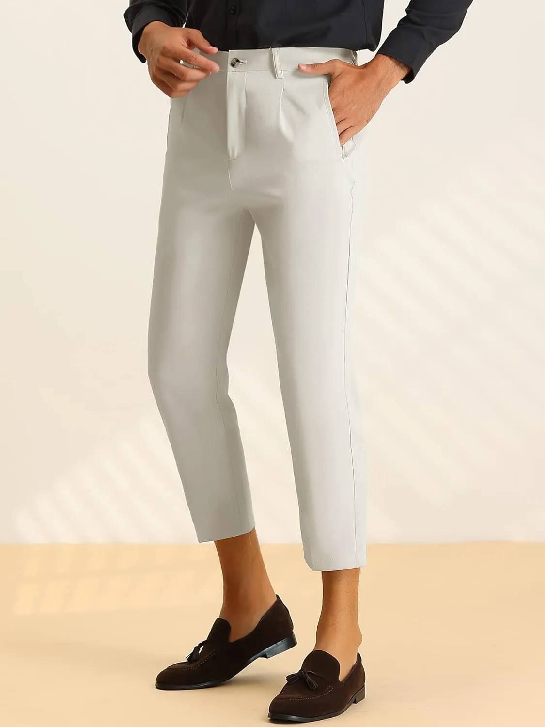 Lars Amadeus Solid Cropped Pants for Men's Slim Fit Pleated Front Ankle Length Tapered Dress Pants